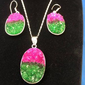 Natural Bi Colour Druzy 925 Silver Plated, Pendant & Earrings Set of 1.7''